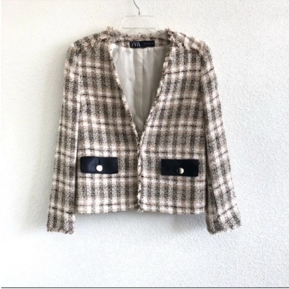 Zara Frayed Collarless V Neck Tweed Plaid Blazer - Picture 2 of 8